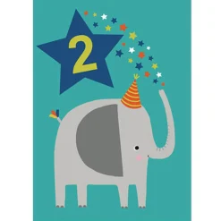 Age 2 Elephant Greetings Card (Blue Background) by Mifkins