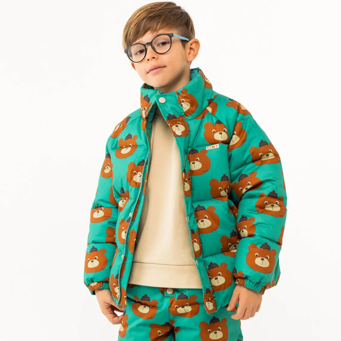 Bears Short Padded Jacket in Emerald by Tinycottons