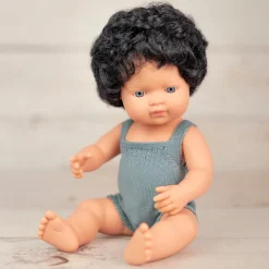 Black Curly Haired Boy Doll (38cm Caucasian) in Grey by Miniland