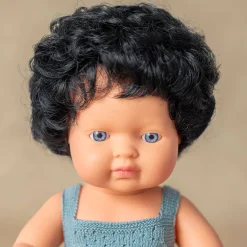 Black Curly Haired Boy Doll (38cm Caucasian) in Grey by Miniland