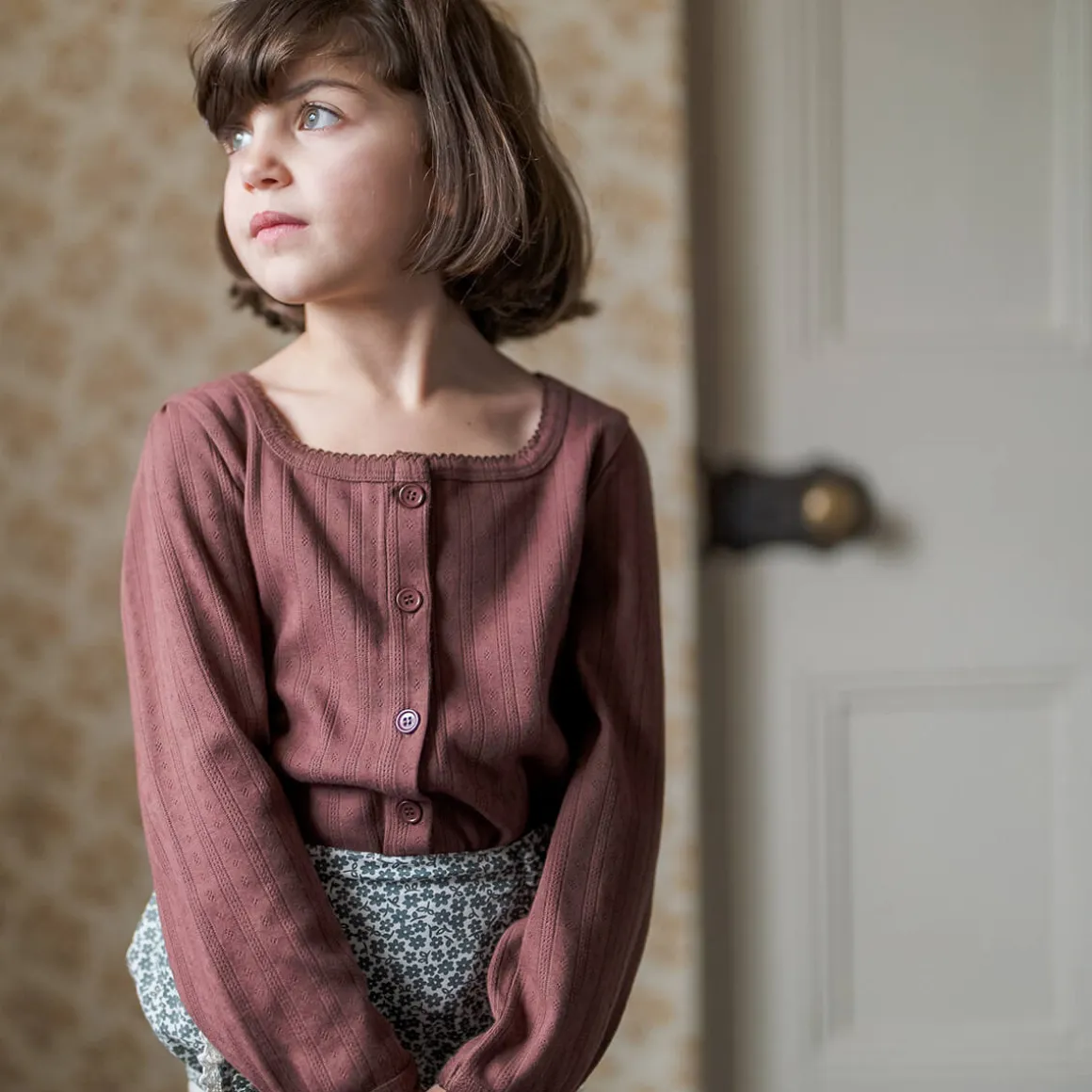 Button Pointelle Tee in Marsala by Little Cotton Clothes - Last Ones In Stock - 2-6 Years