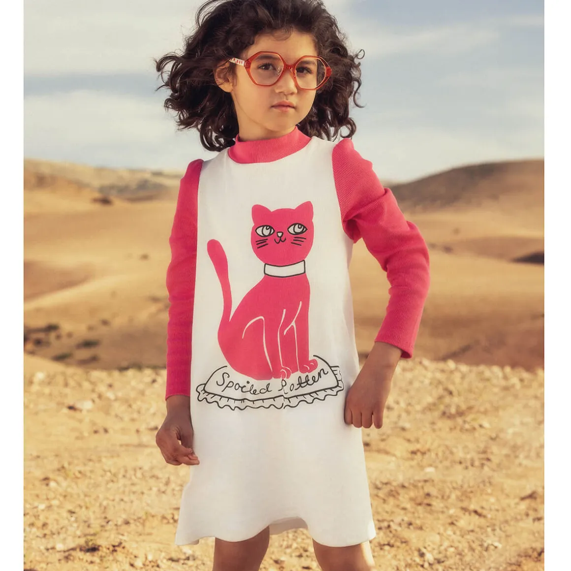 Cat Long Sleeve Dress in White by Mini Rodini