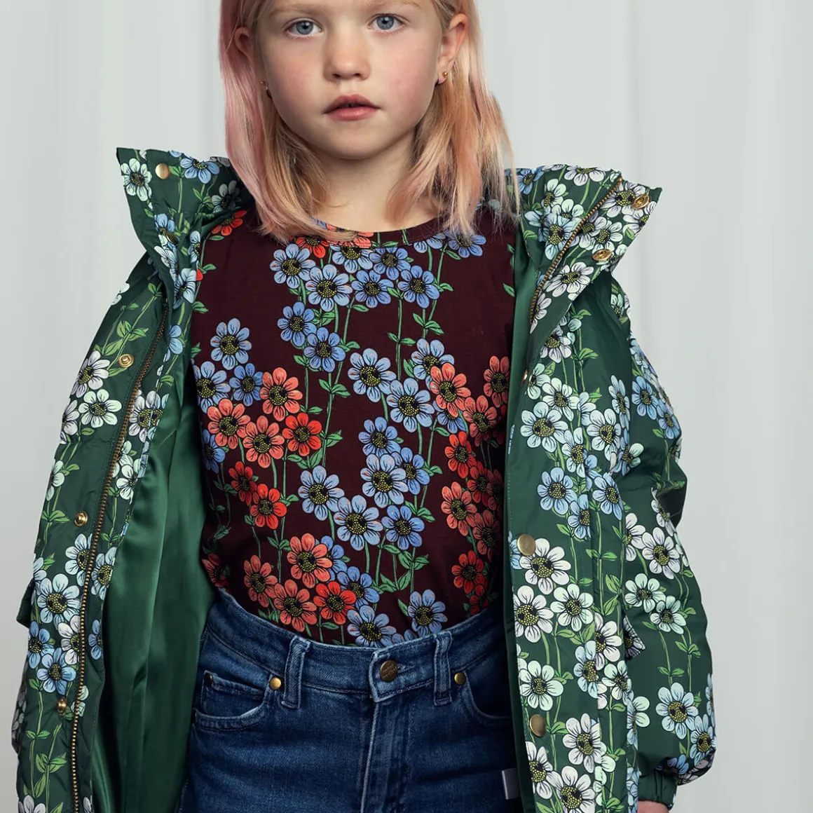 Daisies AOP Hooded Puffer Jacket in Green by Mini Rodini