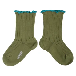Delphine Lettuce Trim Ribbed Ankle Socks in Olive Du Luberon by Collegien