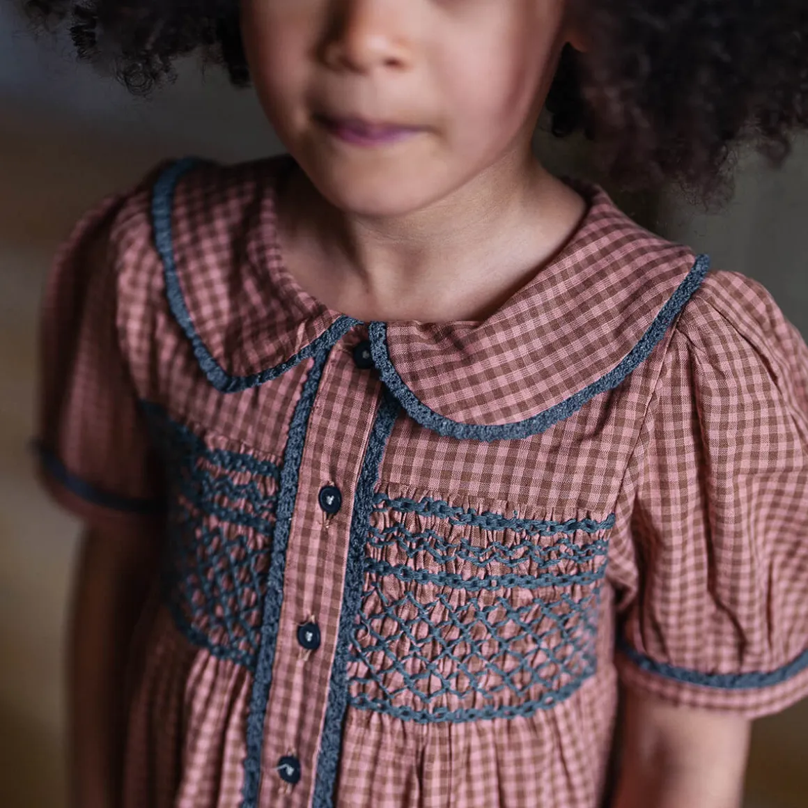 Elizabeth Dress in Tiny Check Tea Rose by Little Cotton Clothes