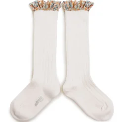 Elizabeth Liberty Ruffle Ribbed Knee High Socks in Blanc Neige by Collegien