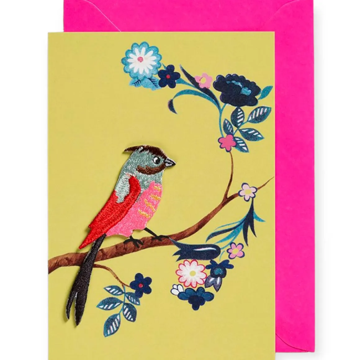 Embroidered Bird Iron On Patch Greetings Card in Yellow by Petra Boase