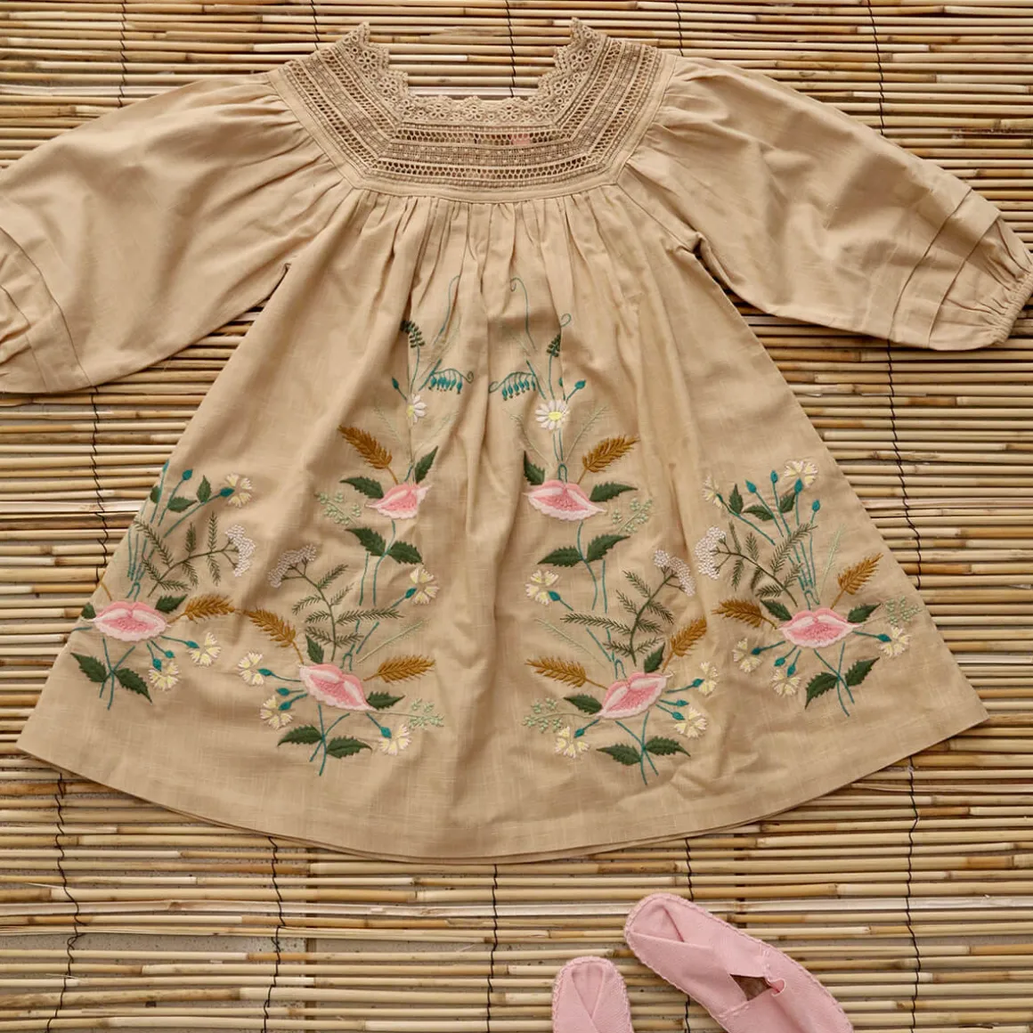 Embroidered Garden Dress in Sand by Bonjour