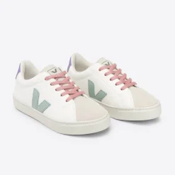 Esplar Teen Small Chrome-Free Leather Trainers in Extra White / Matcha / Lavender by Veja