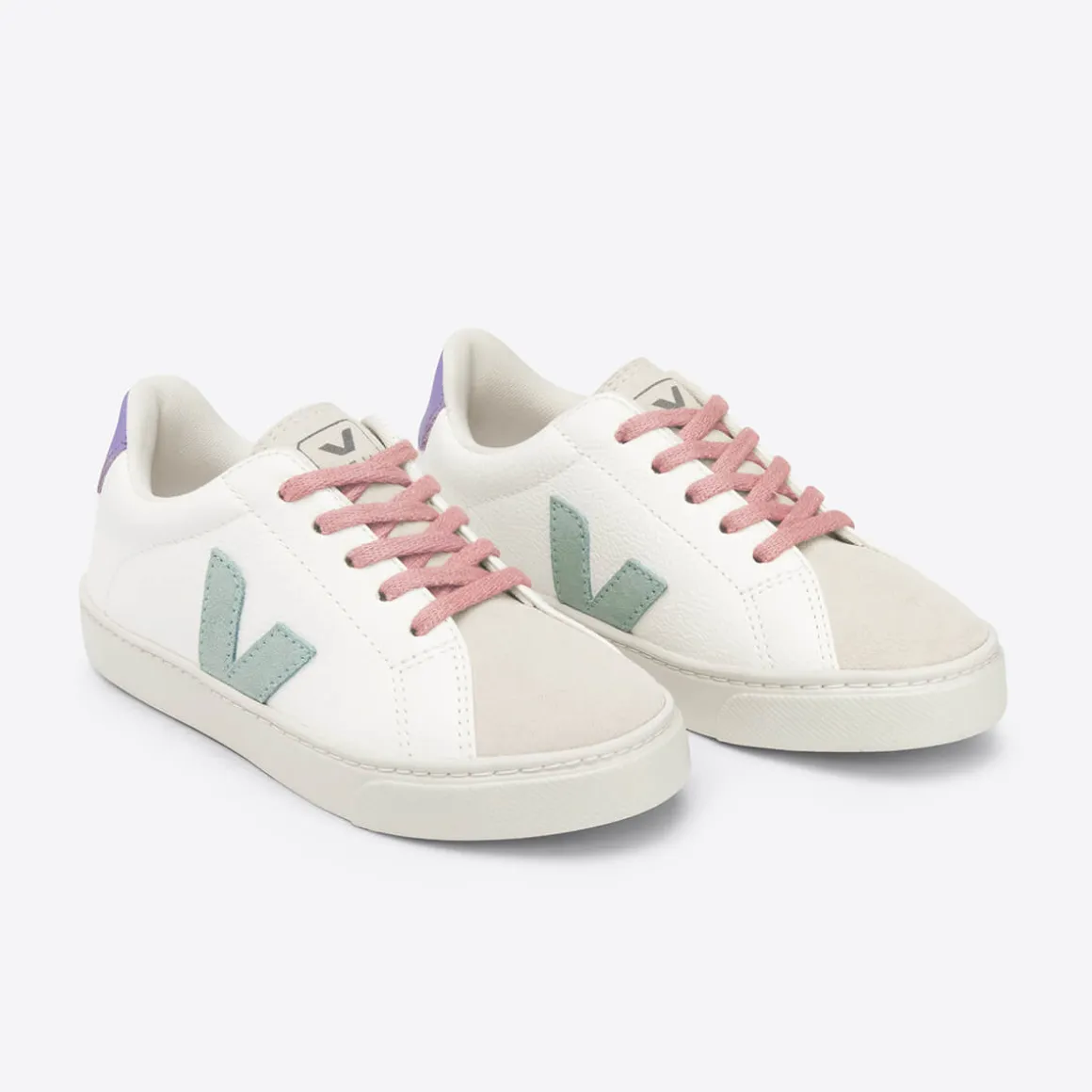 Esplar Teen Small Chrome-Free Leather Trainers in Extra White / Matcha / Lavender by Veja