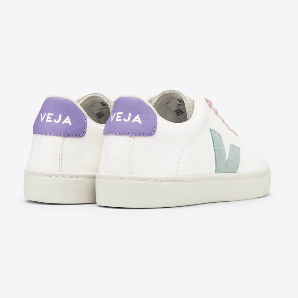 Esplar Teen Small Chrome-Free Leather Trainers in Extra White / Matcha / Lavender by Veja