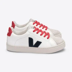 Esplar Teen Small Red Lace Chrome-Free Leather Trainers in Extra White / Nautico Pekin by Veja
