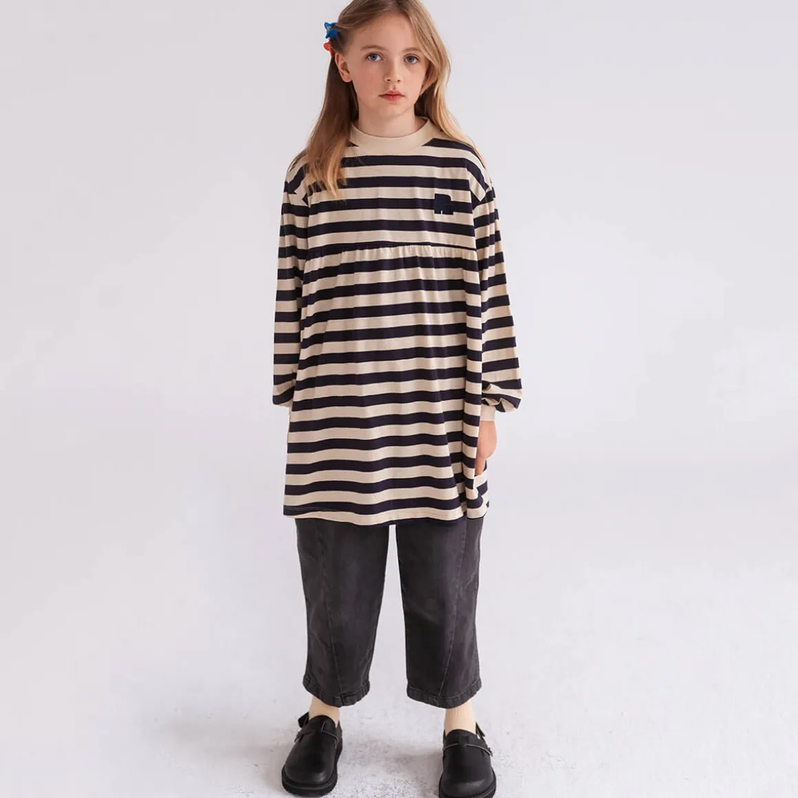 Fanned Out Dress in Dark Blue Fine Stripe by Repose AMS