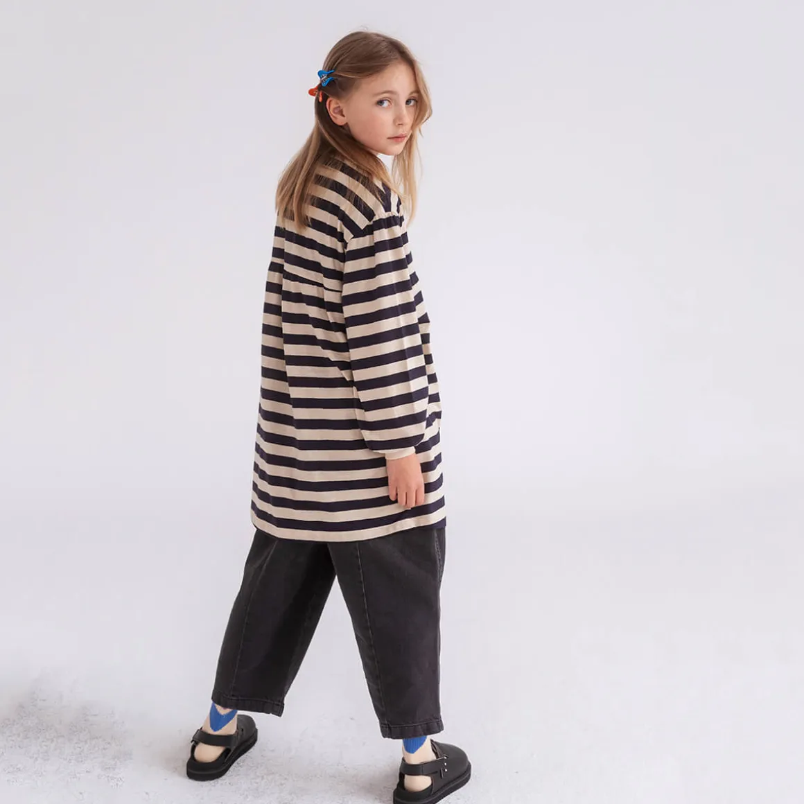 Fanned Out Dress in Dark Blue Fine Stripe by Repose AMS
