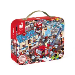 Firemen 208 Piece Round Observational Jigsaw Puzzle In Carry Case by Janod