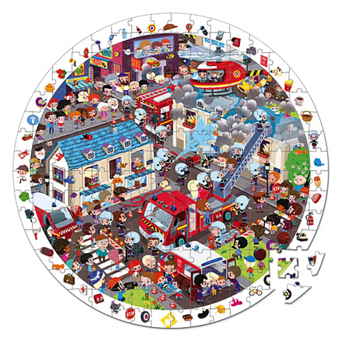 Firemen 208 Piece Round Observational Jigsaw Puzzle In Carry Case by Janod