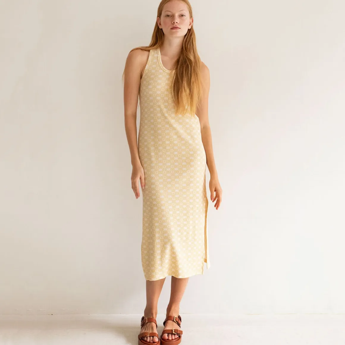 Geometric Tank Midi Dress in Light Cream / Pale Ochre by The Tiny Big Sister
