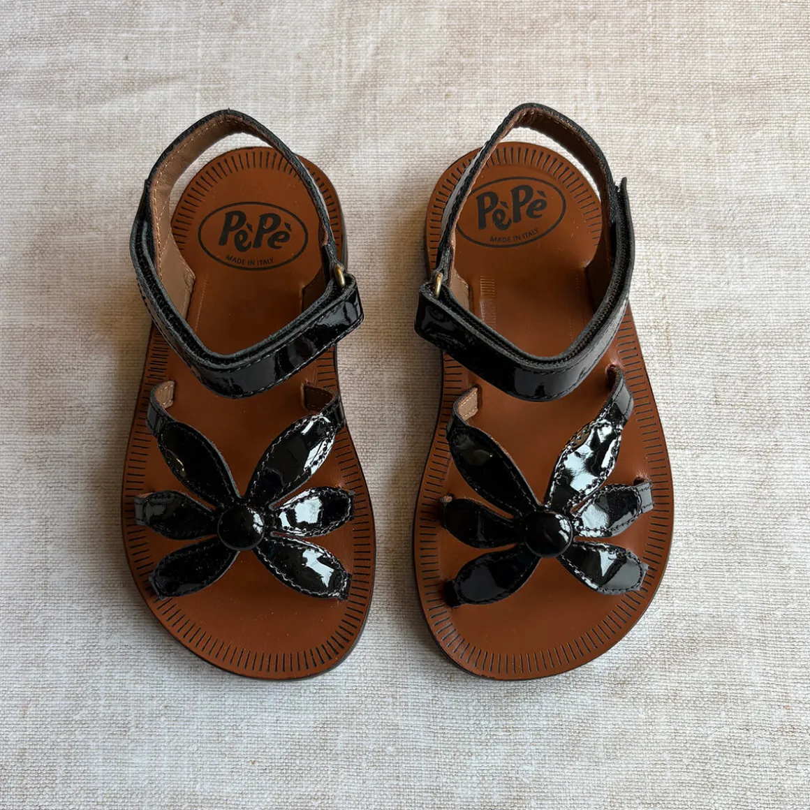 Giulia Flower Sandals in Black Patent by PèPè