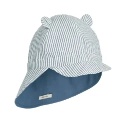 Gorm Reversible Seersucker Sun Hat With Ears in Blue Wave / Creme de la Creme by Liewood