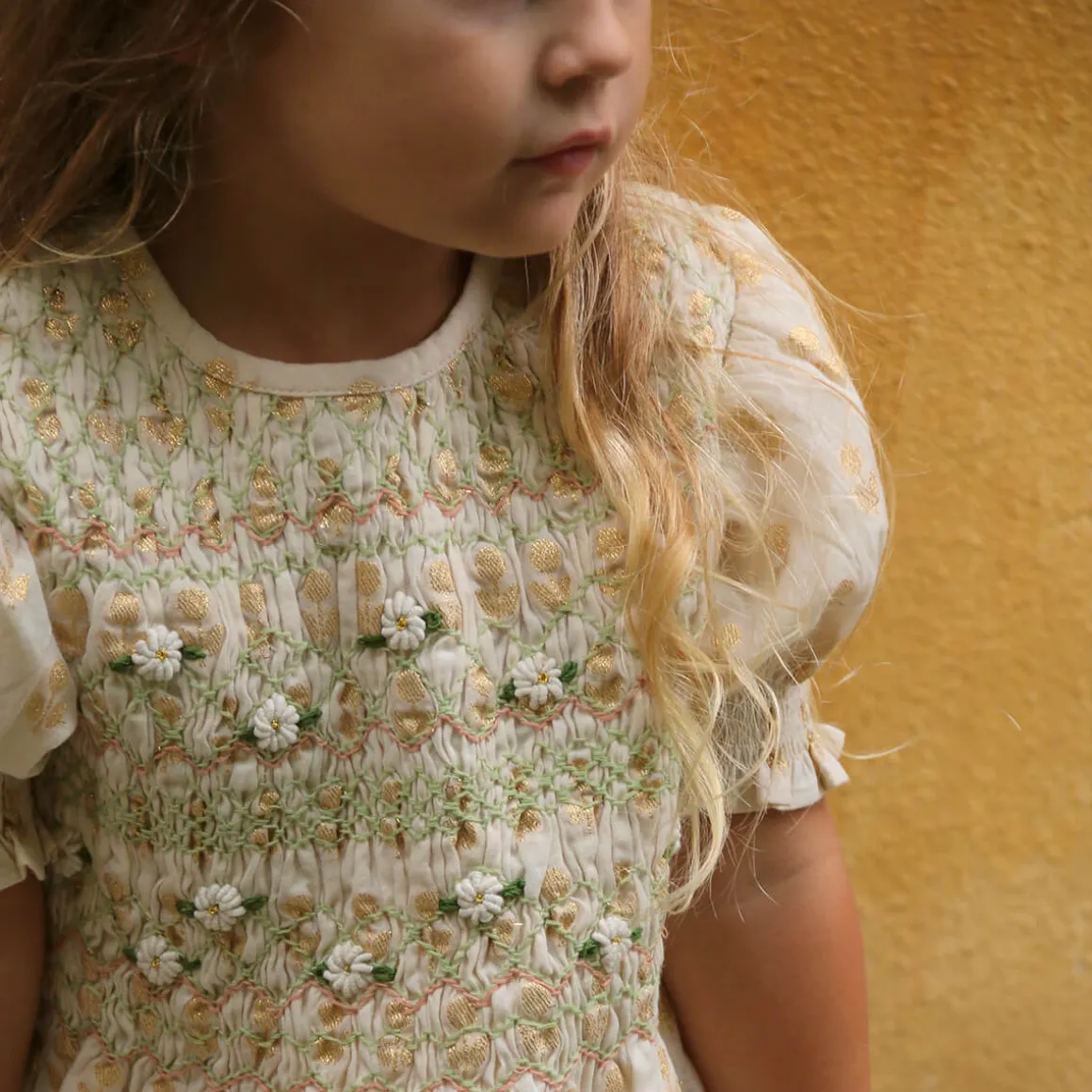 Handsmock Blouse in Ivory & Gold Flowers by Bonjour