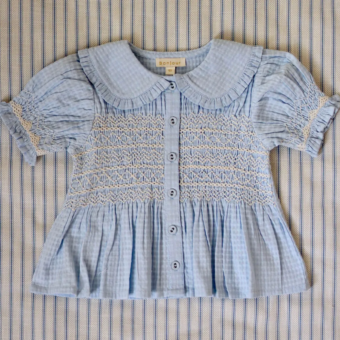 Handsmock Blouse in Light Blue Check by Bonjour