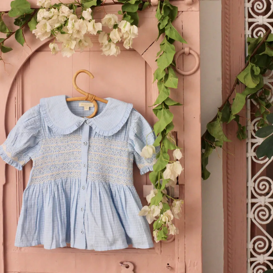 Handsmock Blouse in Light Blue Check by Bonjour