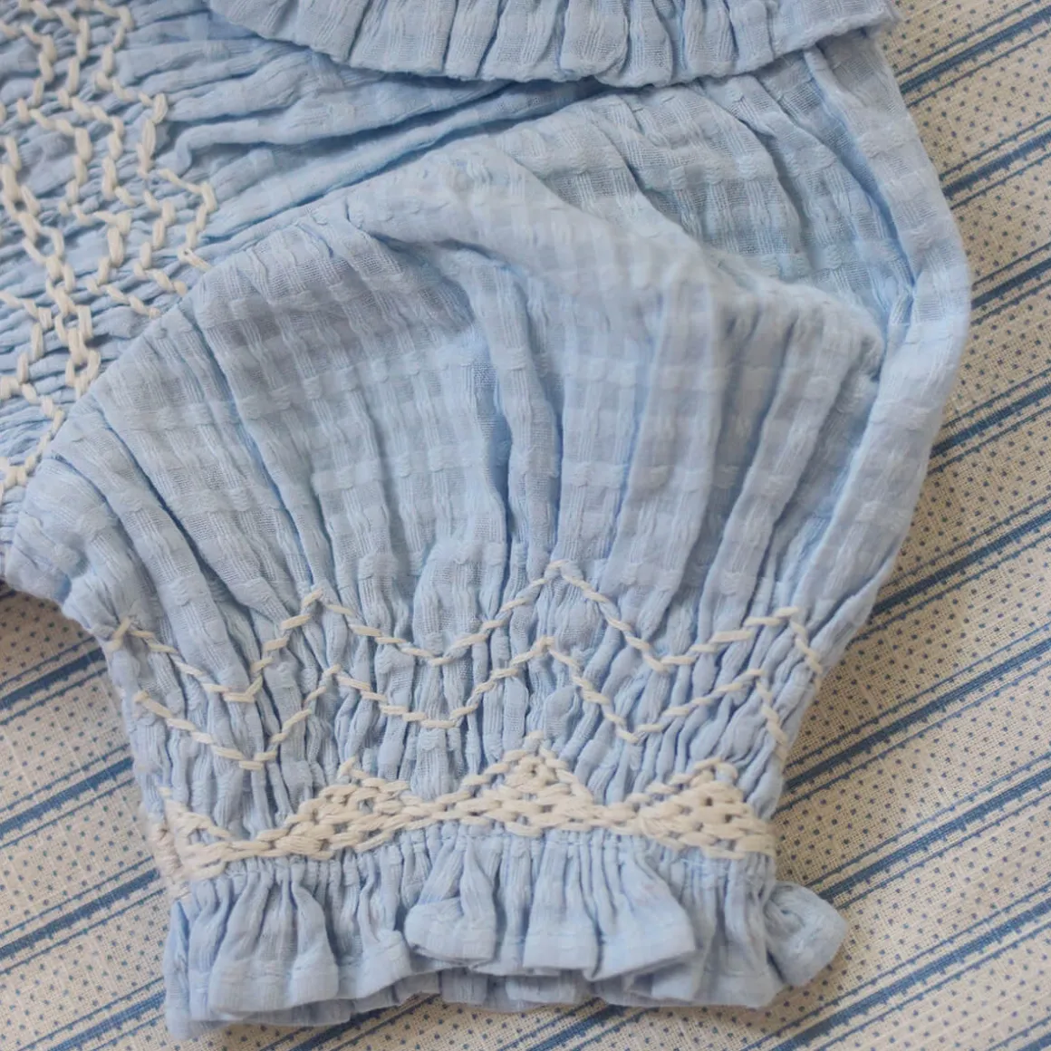 Handsmock Blouse in Light Blue Check by Bonjour