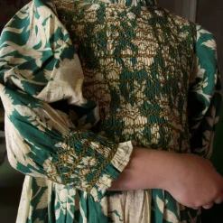 Handsmock Dress in Autumnal Green Flowers by Bonjour