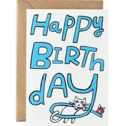 Happy Birthday Cat And Present Embossed Greetings Card by Molly Fairhurst for Wrap