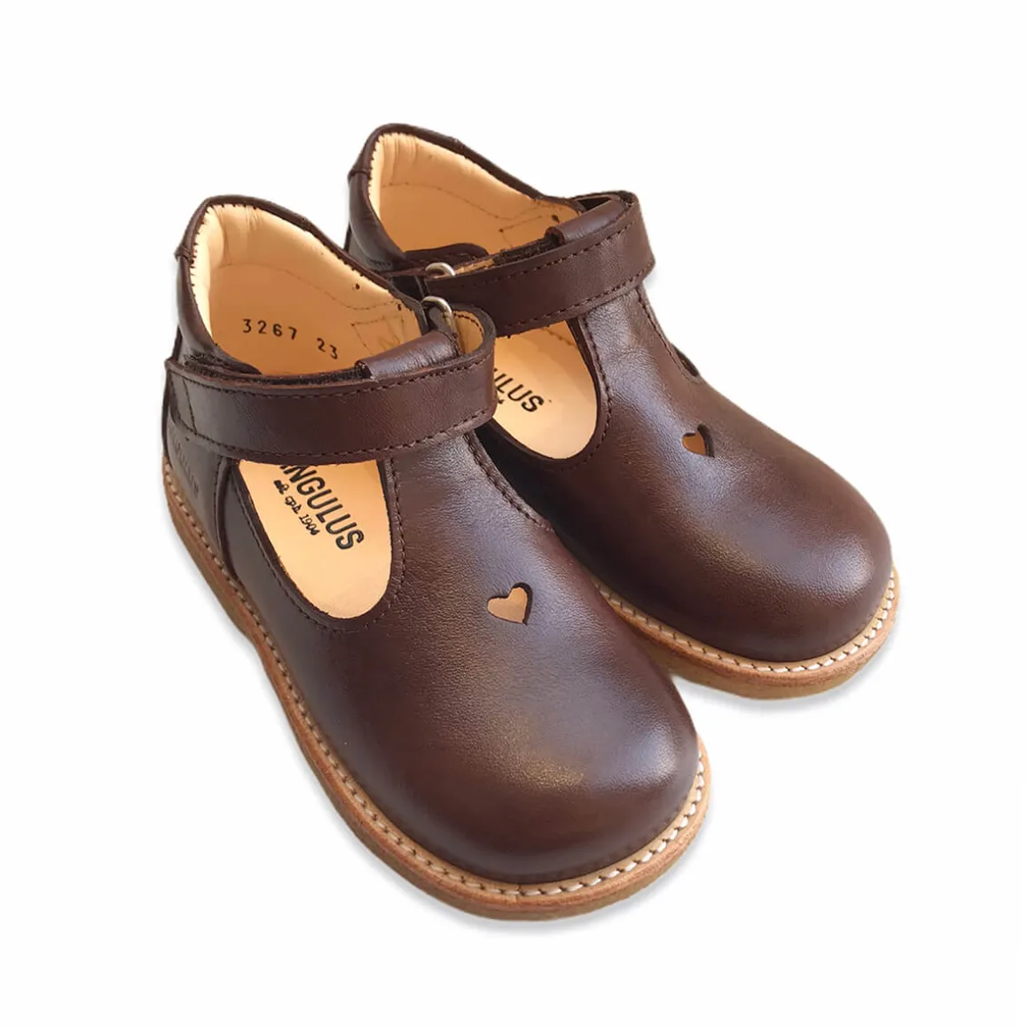 Heart T Bar Starter Mary Janes in Angulus Brown by Angulus