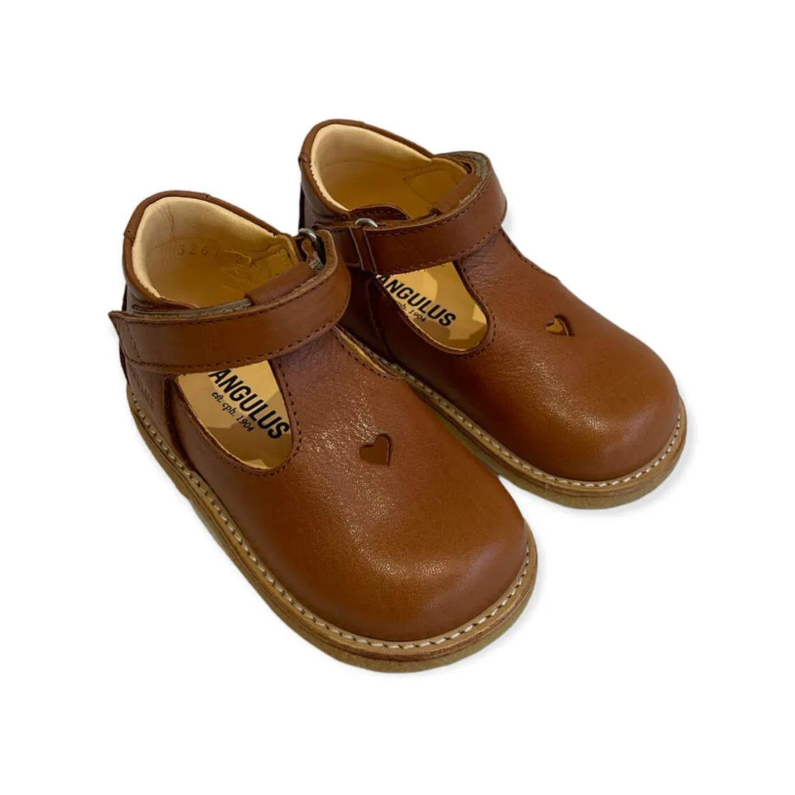 Heart T Bar Starter Mary Janes in Cognac by Angulus