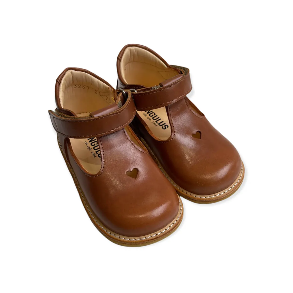 Heart T Bar Starter Mary Janes in Cognac by Angulus