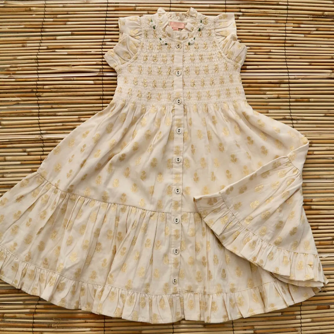 Ibiza Dress in Ivory & Gold Flowers by Bonjour