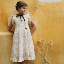 Ibiza Dress in Ivory & Gold Flowers by Bonjour