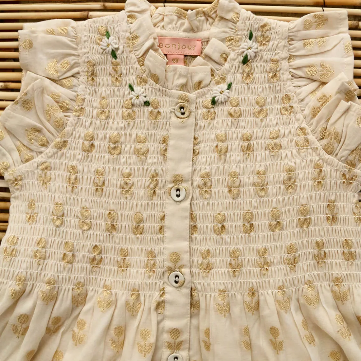 Ibiza Dress in Ivory & Gold Flowers by Bonjour
