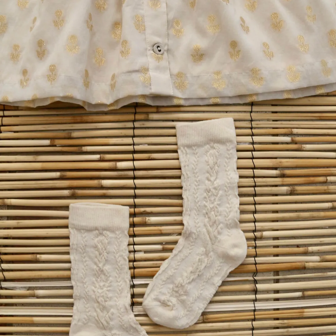 Ibiza Dress in Ivory & Gold Flowers by Bonjour