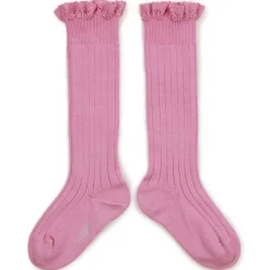 Josephine Lace Trim Ribbed Knee High Socks in Rose Bonbon by Collegien