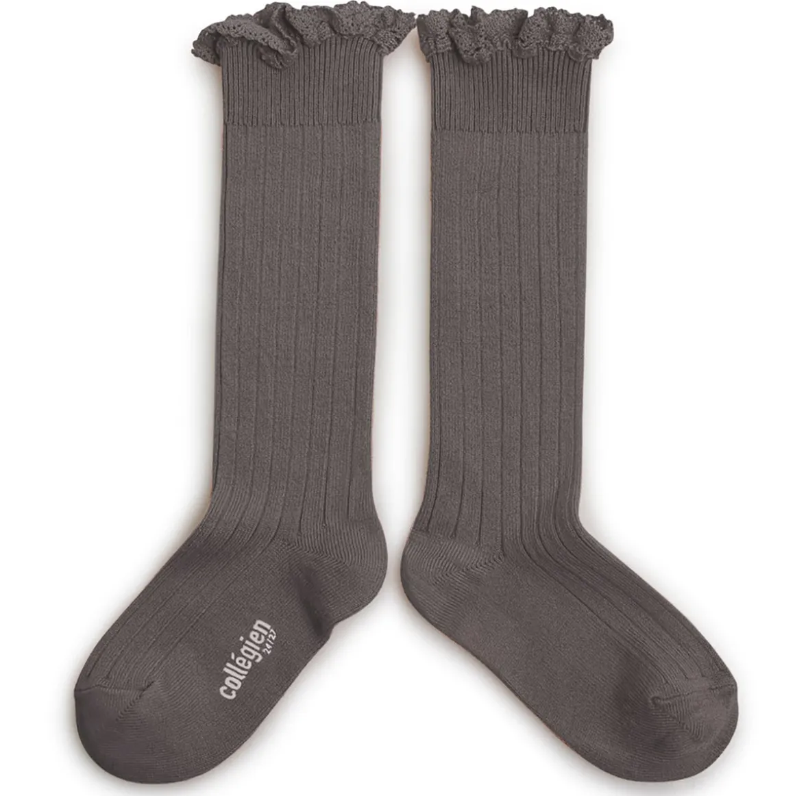 Josephine Lace Trim Ribbed Knee High Socks in Gris Galet by Collegien