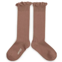Josephine Lace Trim Ribbed Knee High Socks in Praline by Collegien