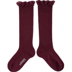 Josephine Lace Trim Ribbed Knee High Socks in Bordeaux Grand Cru by Collegien