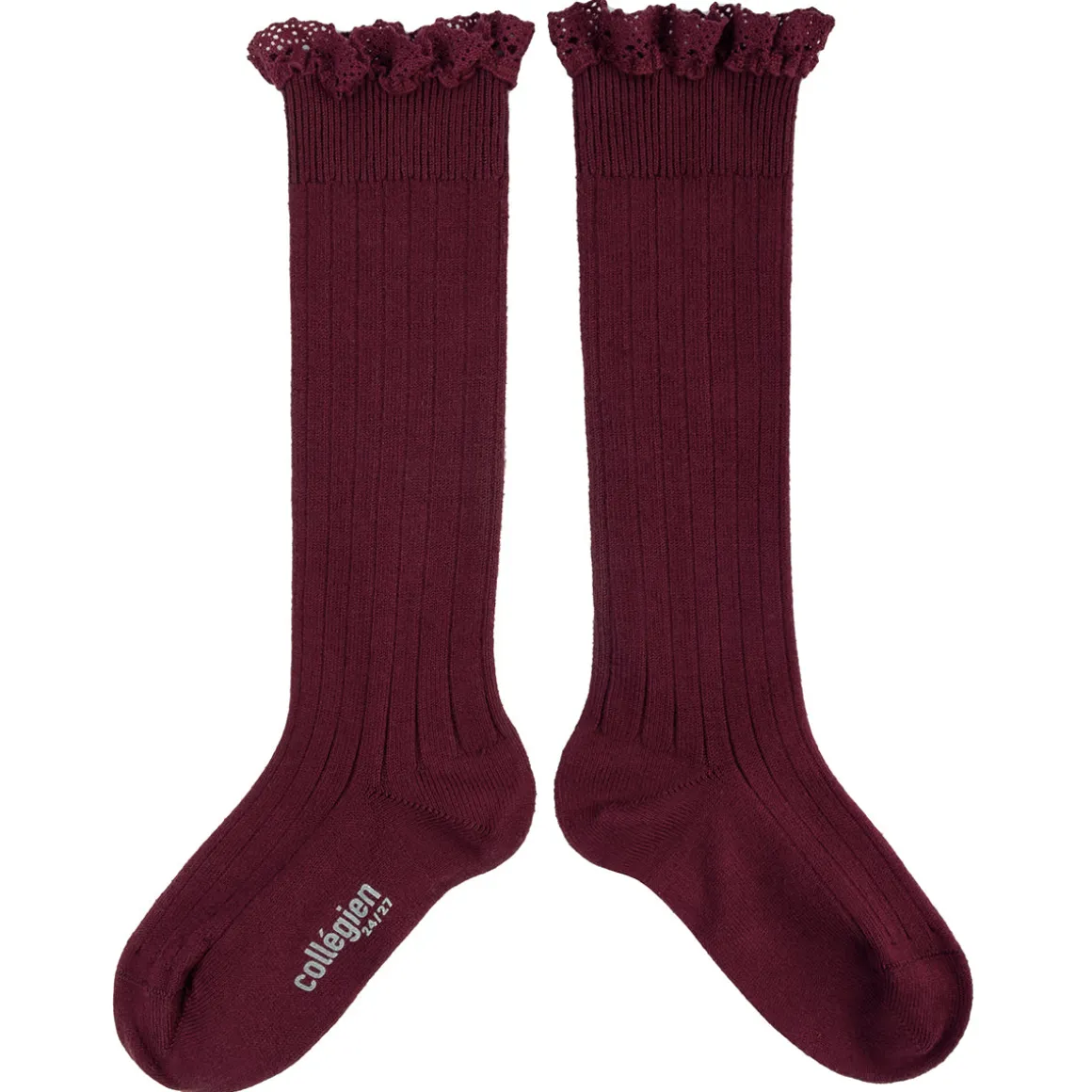Josephine Lace Trim Ribbed Knee High Socks in Bordeaux Grand Cru by Collegien