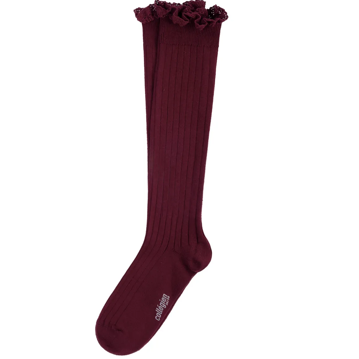Josephine Lace Trim Ribbed Knee High Socks in Bordeaux Grand Cru by Collegien
