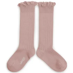 Josephine Lace Trim Ribbed Knee High Socks in Vieux Rose by Collegien
