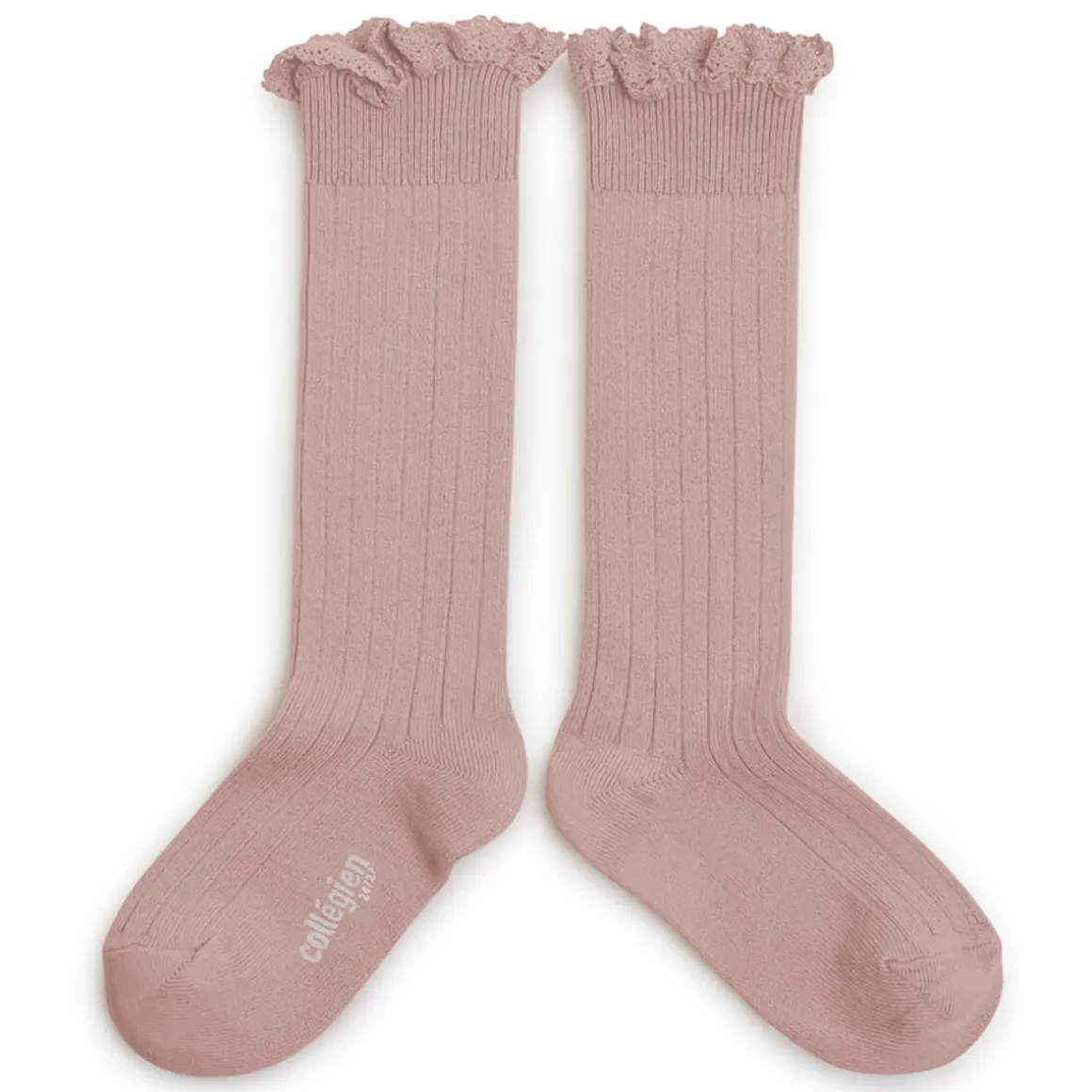 Josephine Lace Trim Ribbed Knee High Socks in Vieux Rose by Collegien
