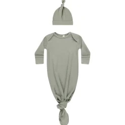 Knotted Baby Gown and Hat Set in Basil by Quincy Mae