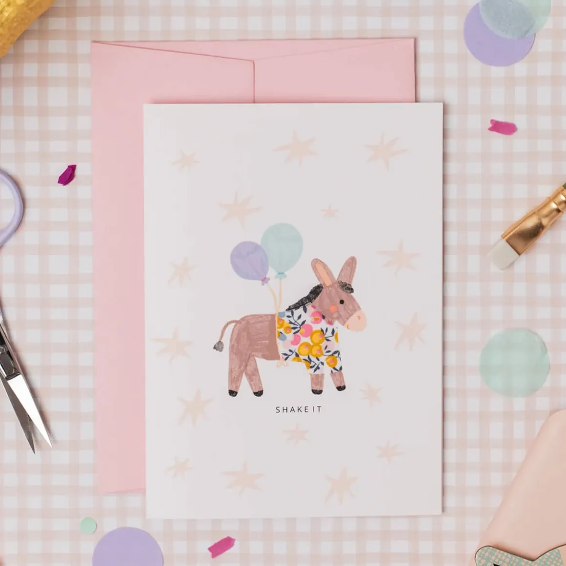 Liberty Donkey Birthday Greetings Card in Wiltshire Bud Liberty Print by The Charming Press