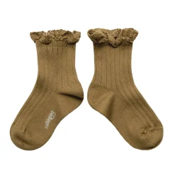 Lili Lace Trim Ribbed Ankle Socks in Biscuit by Collegien