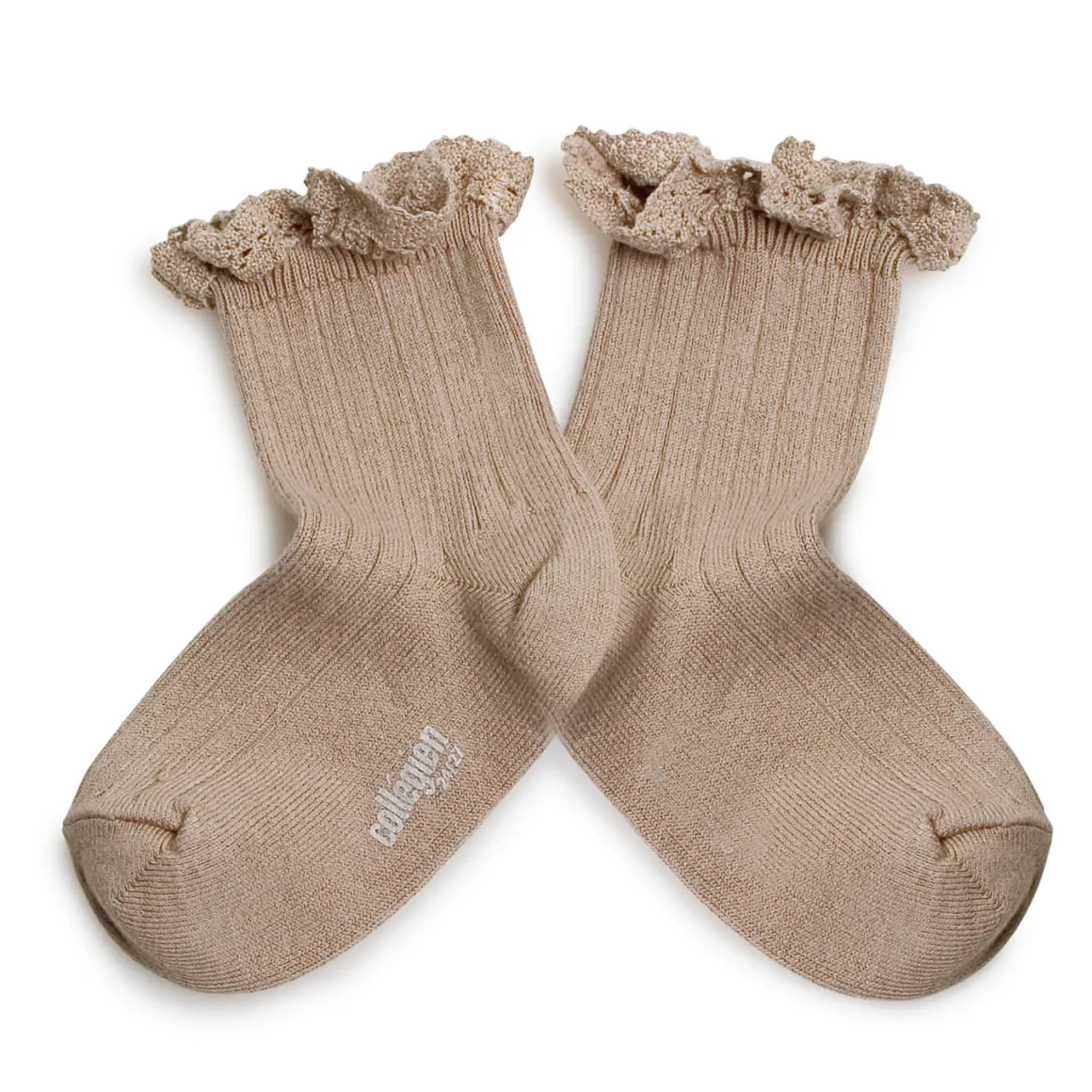 Lili Lace Trim Ribbed Ankle Socks in Petite Taupe by Collegien