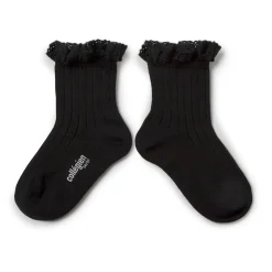 Lili Lace Trim Ribbed Ankle Socks in Noir De Charbon by Collegien