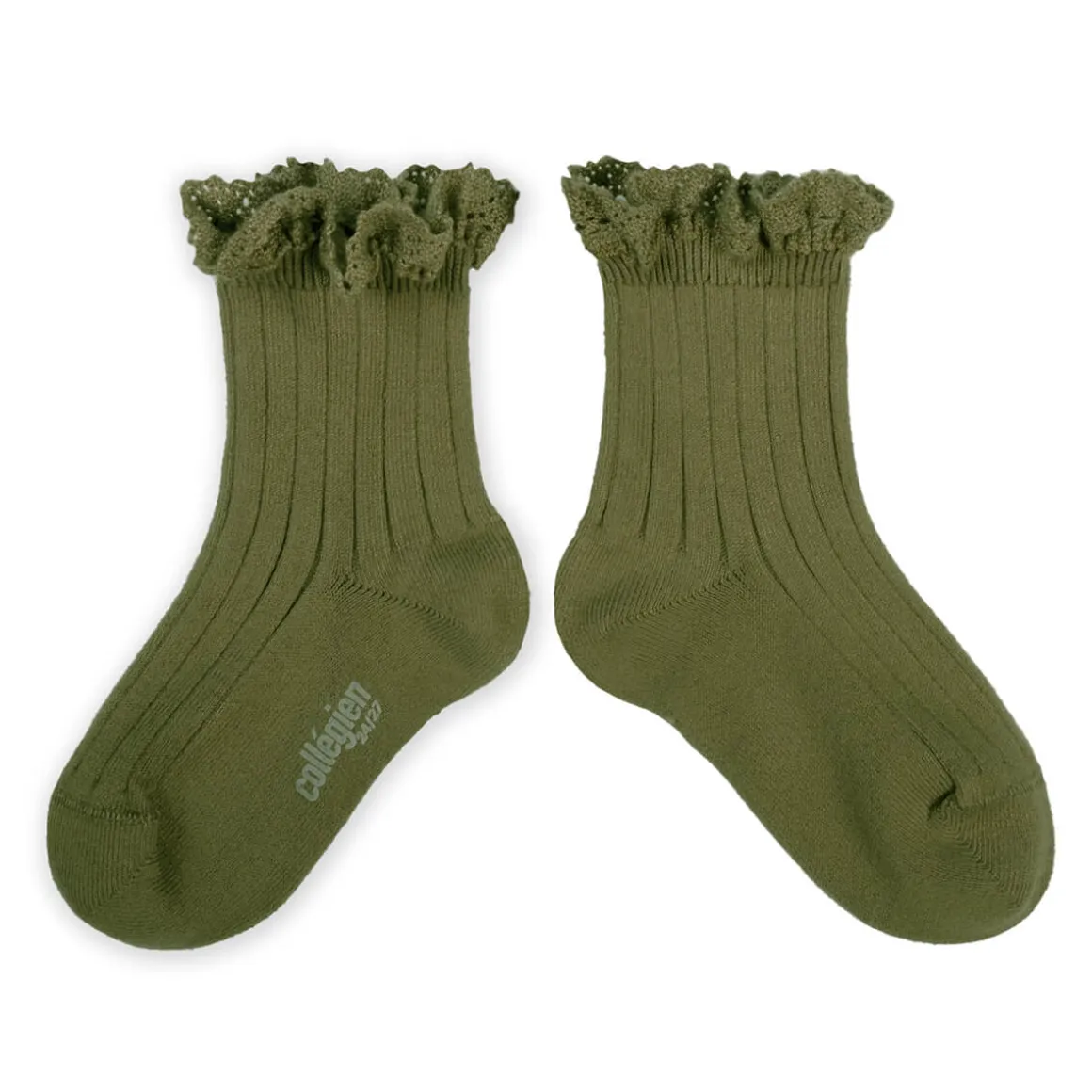 Lili Lace Trim Ribbed Ankle Socks in Olive Du Luberon by Collegien